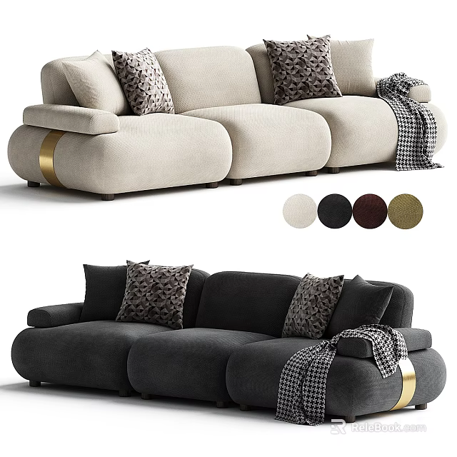 Modern Three Seater Sofa Featuring Patterned Pillows Throw Blanket Gold Accents And Multiple Color Options 3d model 