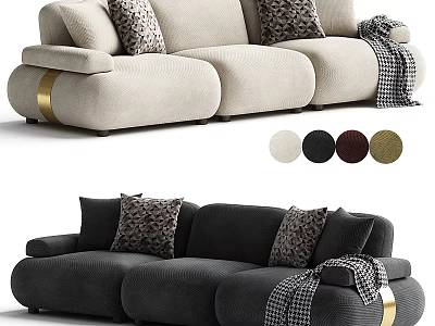 Modern Three Seater Sofa Featuring Patterned Pillows Throw Blanket Gold Accents And Multiple Color Options 3d model