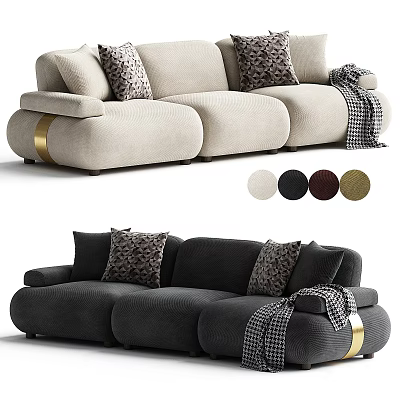Modern Three Seater Sofa Featuring Patterned Pillows Throw Blanket Gold Accents And Multiple Color Options 3d model