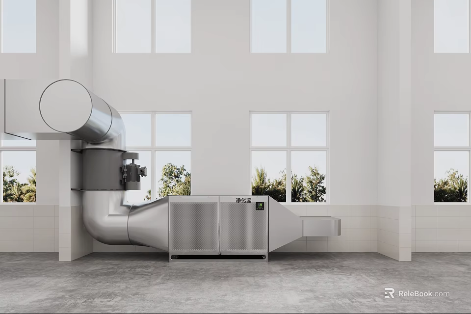Metal Pipe Installation In Modern Interior Space With Windows And Ventilation Equipment 3d model 