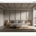 Minimalist Natural Bedroom With Wooden Grid Ceiling Shoji Doors Simple Bed Nightstands And Potted Plant