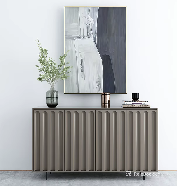 Gray Ribbed Console Cabinet With Green Plant Metal Canister Books And Abstract Painting 3d model 