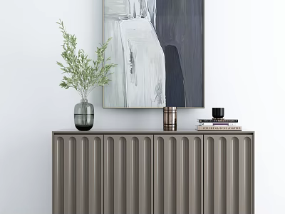 Gray Ribbed Console Cabinet With Green Plant Metal Canister Books And Abstract Painting 3d model
