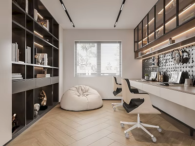 Modern Study Room Interior with Shelves Books Bean Bag Chair Desk Chair And Window 3d model