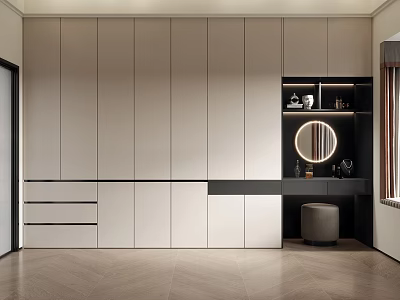 Modern Wardrobe Design With Light Gray Panels Drawers And Mirror Storage Area 3d model