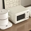 White Kitchen Appliances Steamer Microwave Rice Cooker On Wooden Countertop With Geometric Wall Art