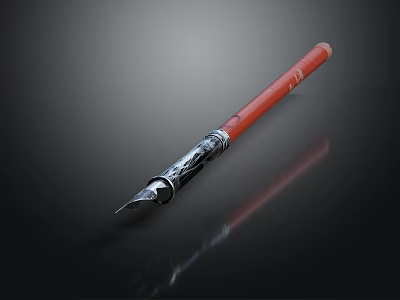 Red Fountain Pen With Silver Decorative Detail Metal Nib And Shiny Reflection On Dark Background 3d model