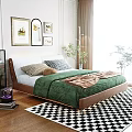 Double Bed With Brown Frame Green Quilt Checkered Pillows Plants And Black White Checkered Rug