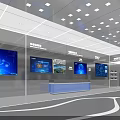 Modern Exhibition Hall Interior With Digital Screens Display Cabinets And Visitors