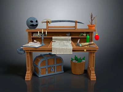 Adventurer Themed Wooden Table With Skull Sword Map Scroll And Treasure Chest 3d model