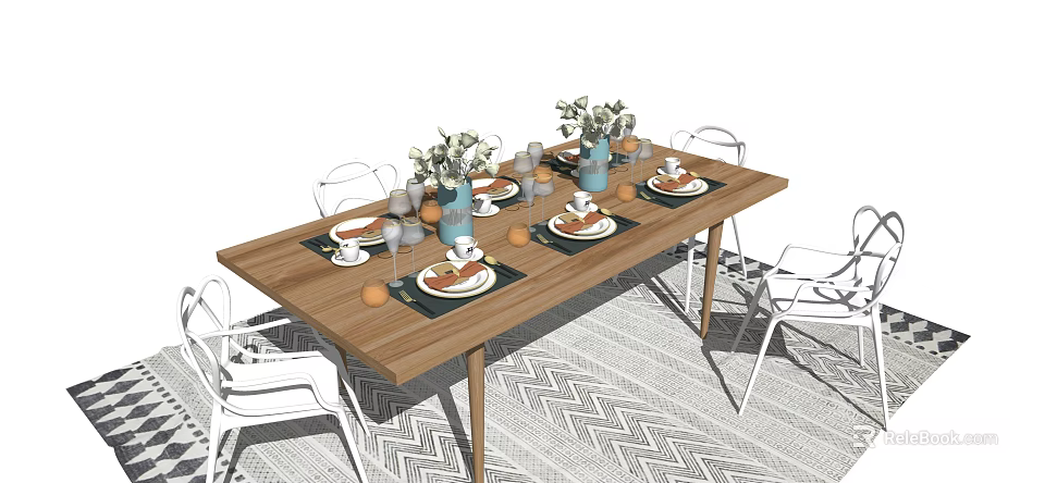 Stylish Wooden Dining Table Set With White Chairs Tableware And Flower Vases On Geometric Rug 3d model 