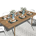 Stylish Wooden Dining Table Set With White Chairs Tableware And Flower Vases On Geometric Rug