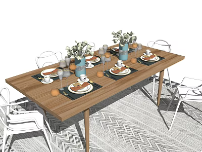 Stylish Wooden Dining Table Set With White Chairs Tableware And Flower Vases On Geometric Rug 3d model