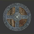 Medieval Circular Shield Weapon With Wooden Center Metal Rim And Decorative Rivets