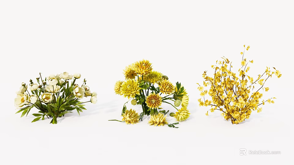 Decorative Floral Arrangements With White Flowers Yellow Blooms And Yellow Flowering Branches 3d model 