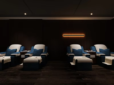Relaxing SPA Sauna Interior With Dark Wooden Walls Warm Lighting And Blue Cushion Chairs 3d model