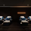 Relaxing SPA Sauna Interior With Dark Wooden Walls Warm Lighting And Blue Cushion Chairs