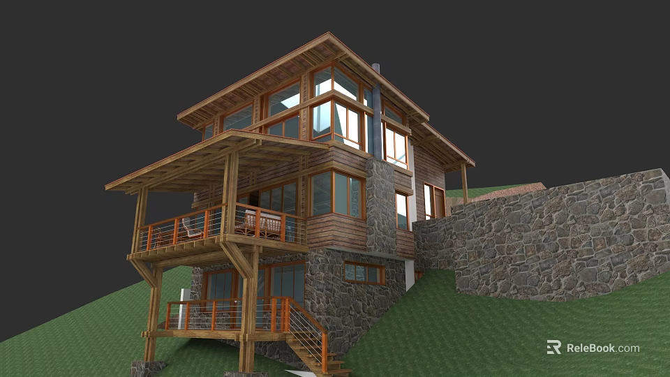 Detached Villa With Wooden Structure Stone Wall On Hillside Balcony And Green Lawn 3d model 