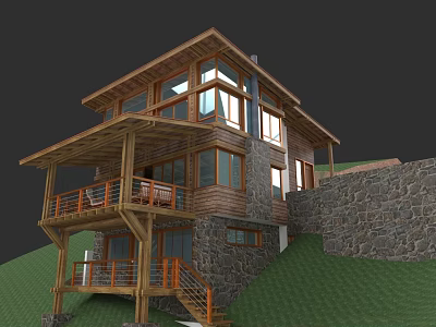Detached Villa With Wooden Structure Stone Wall On Hillside Balcony And Green Lawn 3d model