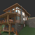 Detached Villa With Wooden Structure Stone Wall On Hillside Balcony And Green Lawn