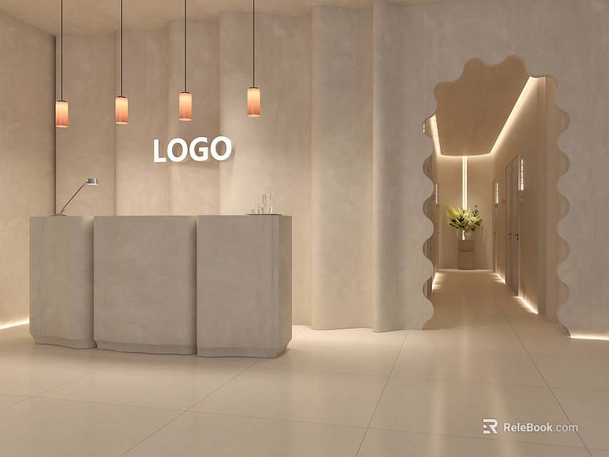 Minimalist Modern Shop Front Desk with LOGO Display Hanging Pendant Lights and Wavy Archway Entrance 3d model 