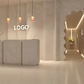 Minimalist Modern Shop Front Desk with LOGO Display Hanging Pendant Lights and Wavy Archway Entrance