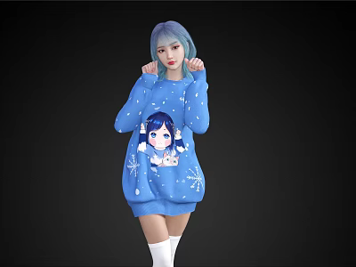Light Blue Haired Woman Wearing Blue Sweater With Cartoon Print And Snowflakes Against Black Background 3d model