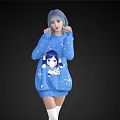 Light Blue Haired Woman Wearing Blue Sweater With Cartoon Print And Snowflakes Against Black Background