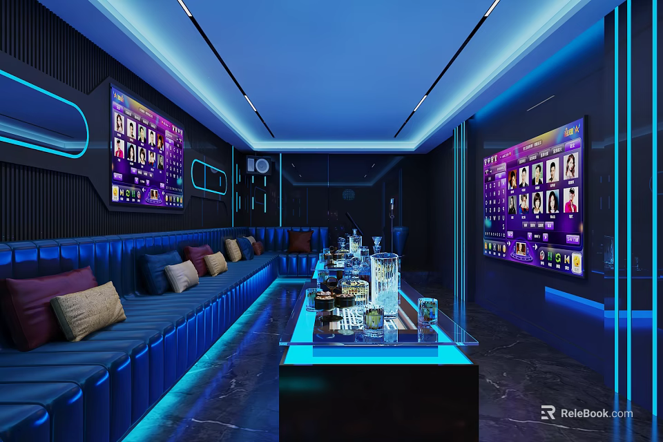 Modern KTV Interior Design With LED Screens Neon Lighting And Comfortable Sofas 3d model