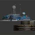 Cartoon Style Sci-Fi Base With Blue Circular Structure Antennas Sphere Device And Platforms