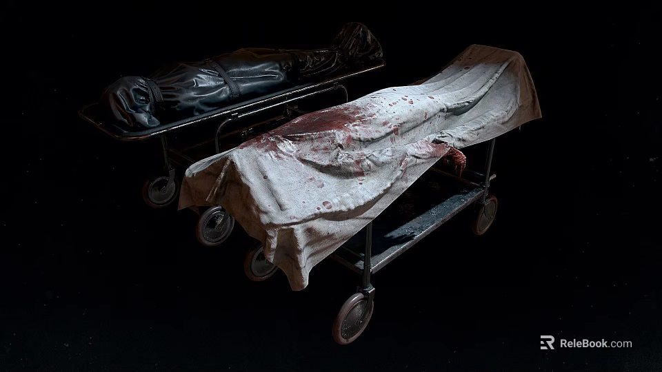 Airplane Accident Scene Stretchers With Bloodstained Covers And Rolling Wheels 3d model 