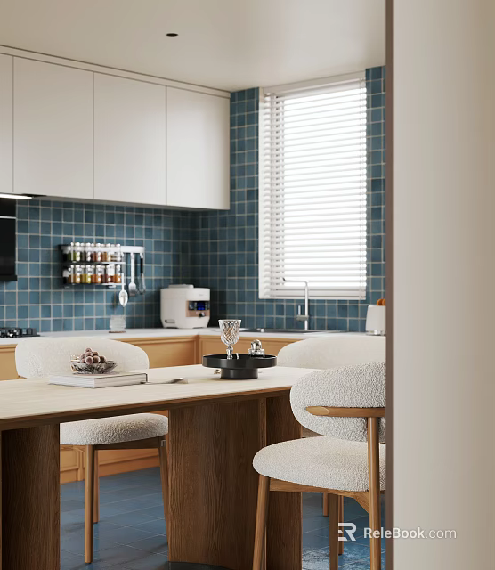 Modern Restaurant Interior With White Cabinets Blue Tile Walls Window Blinds And Dining Table 3d model 