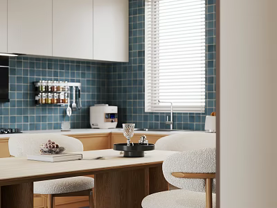 Modern Restaurant Interior With White Cabinets Blue Tile Walls Window Blinds And Dining Table 3d model