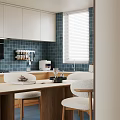 Modern Restaurant Interior With White Cabinets Blue Tile Walls Window Blinds And Dining Table