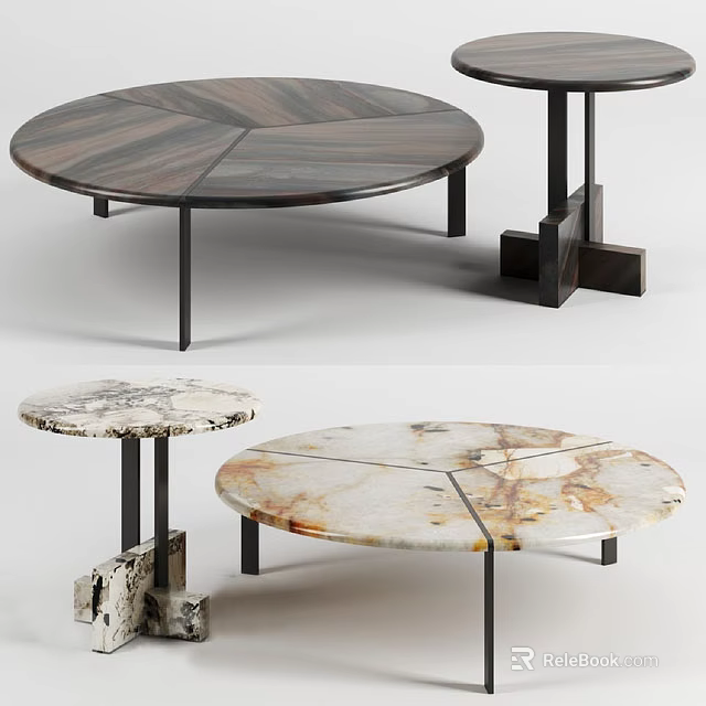 Modern Round Coffee Tables With Marble Wooden Surfaces And Cross Pattern Metal Legs 3d model 