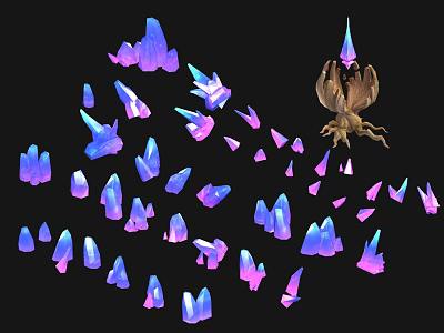 Purple Blue Crystal Like Decorative Ornament Set With Winged Figurine On Black Background 3d model
