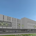 Modern White Office Building Exterior Design With Glass Windows Palm Trees And Blue Sky