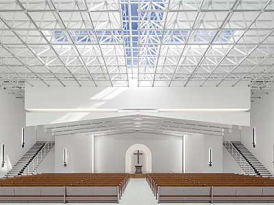 Modern Church Interior With Cross Altar Pews And Skylight Ceiling Design 3d model