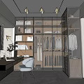 Modern Walk In Closet Interior With Glass Doors Clothing Racks Bookshelves And Dressing Table Chair