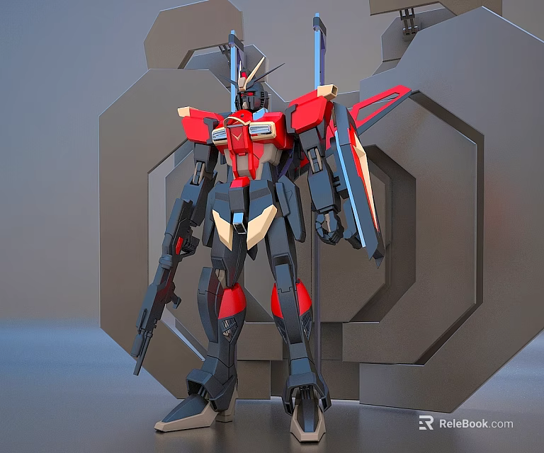 Red Black White Mecha Robot Model With Weapon And Geometric Background 3d model 