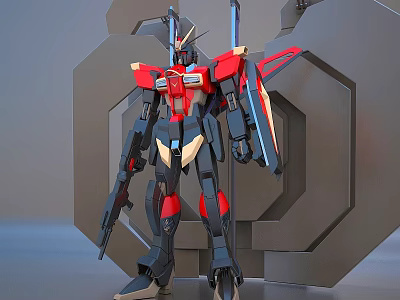 Red Black White Mecha Robot Model With Weapon And Geometric Background 3d model