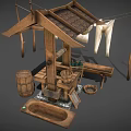 Garden Ornament Display Featuring Wooden Roofed Structure Clothesline White Clothes Buckets Basin And Bench