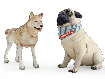 由于图片中重点展示的是两只狗（哺乳动物），未包含爬行动物，无法依据图片信息生成以“爬行动物”为主体的英文标题。请确认图片内容或任务要求是否准确。 3d model