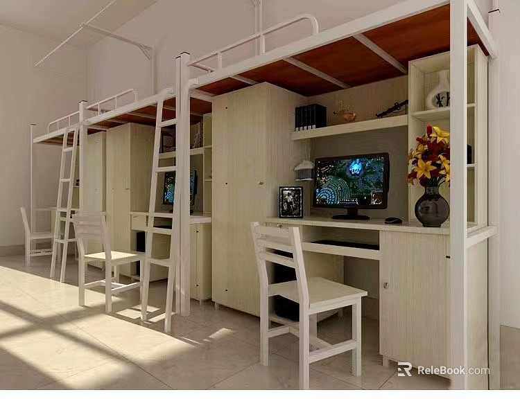 Modern Dormitory Room With White Bunk Beds Desks Chairs TV And Decorative Vase 3d model 