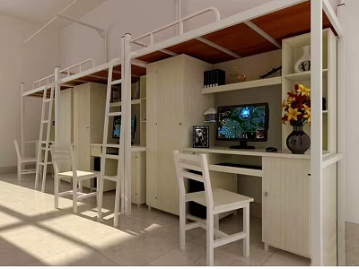 Modern Dormitory Room With White Bunk Beds Desks Chairs TV And Decorative Vase 3d model