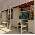 Modern Dormitory Room With White Bunk Beds Desks Chairs TV And Decorative Vase