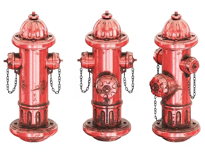 Three Red Vintage Fire Hydrants as Essential Fire Safety Equipment 3d model