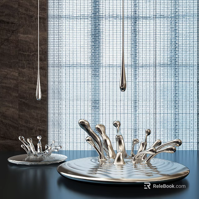 Silver Water Drop Sculptures with Dripping And Splashing Forms Against Grid Curtain And Dark Wall 3d model 