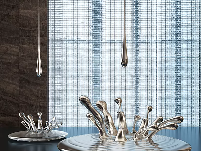 Silver Water Drop Sculptures with Dripping And Splashing Forms Against Grid Curtain And Dark Wall 3d model