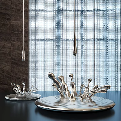 Silver Water Drop Sculptures with Dripping And Splashing Forms Against Grid Curtain And Dark Wall 3d model